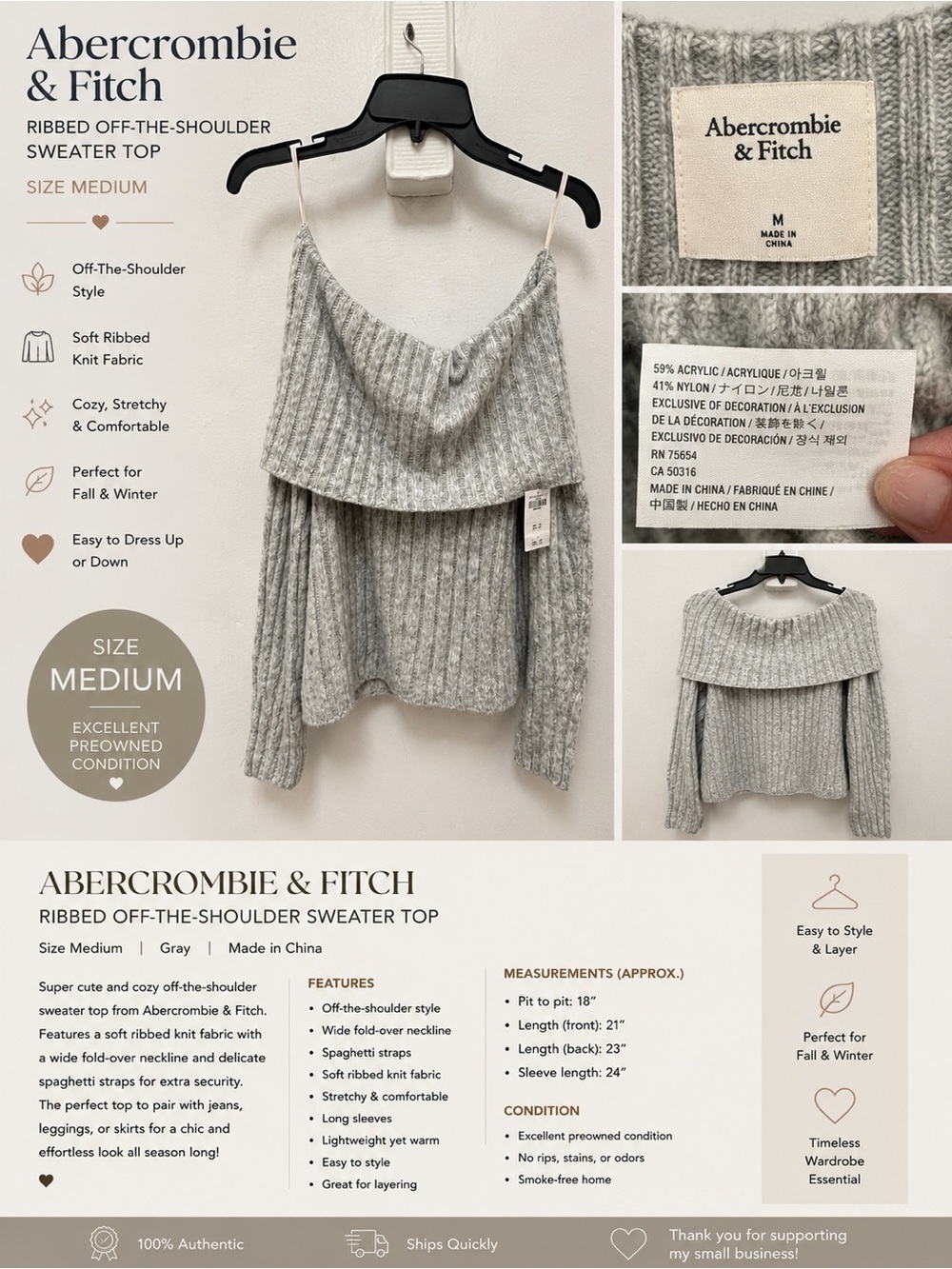 Abercrombie & Fitch Light Gray Ribbed Off-the-Shoulder Sweater